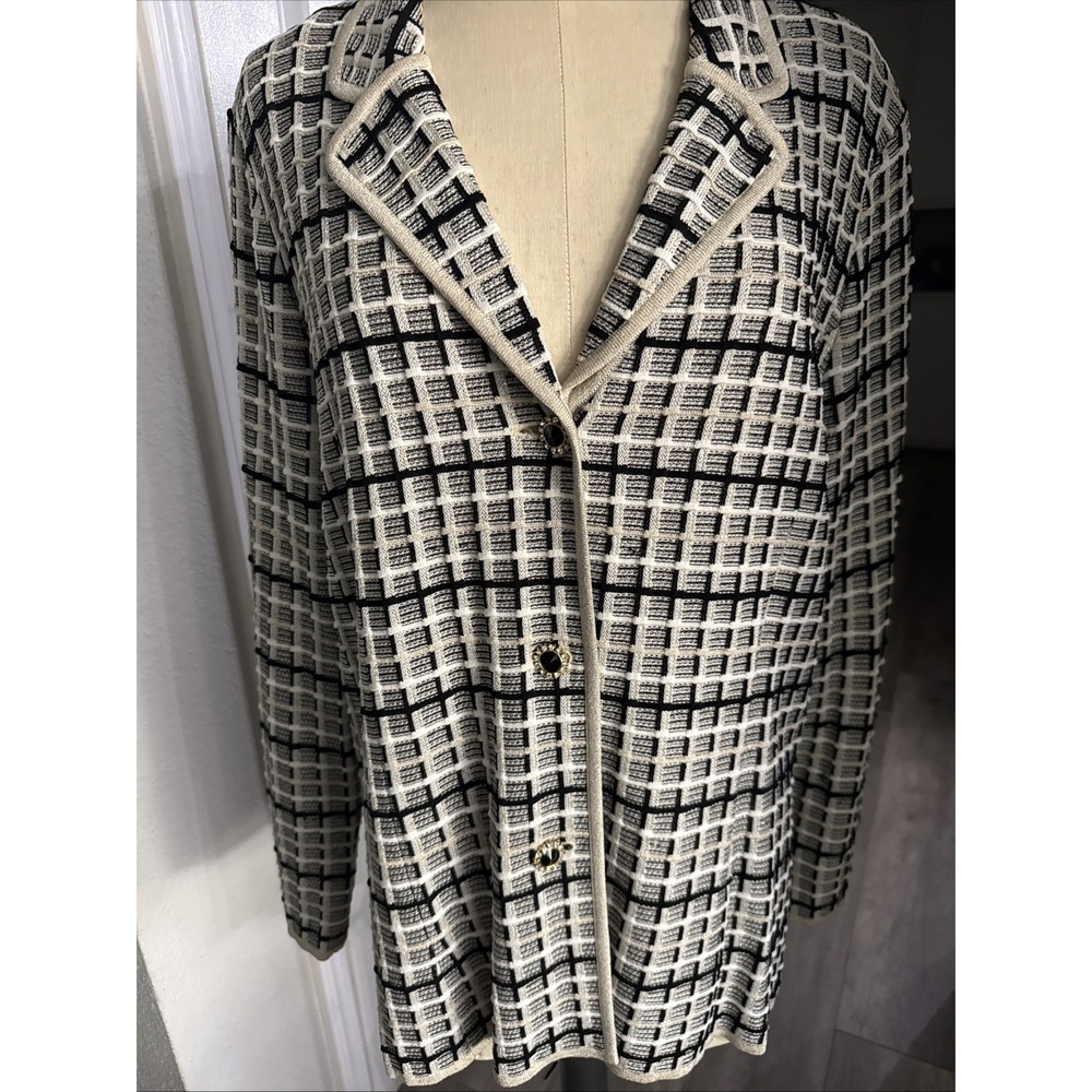 Exclusively Misook Plaid Knit Blazer Jacket Jewel Button Metallic Luxury Large